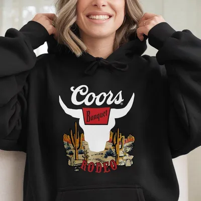 Coors Banquet Rodeo Hoodie – Classic Bull Skull Front Logo With Desert Cactus And Rodeo Scene Back Graphic