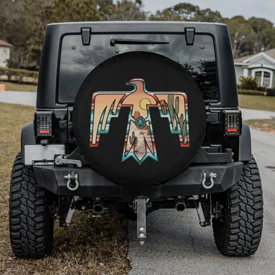 Southwestern Desert Thunderbird Spare Tire Cover, Native American Boho Art Style, Sunset Cactus Landscape Design Spare Tire Cover