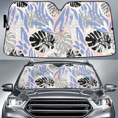 Black Monstera Leaf And Dot Pattern Pink Theme Car Sun Shades Cover Auto Windshield PrintSyde