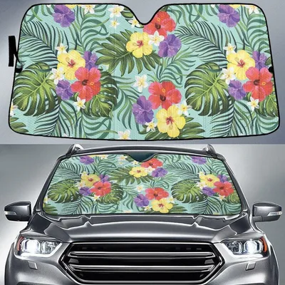 Yellow And Pink Hawaiian Flower Tropical Palm Leaf Green Car Sun Shades Cover Auto Windshield PrintSyde