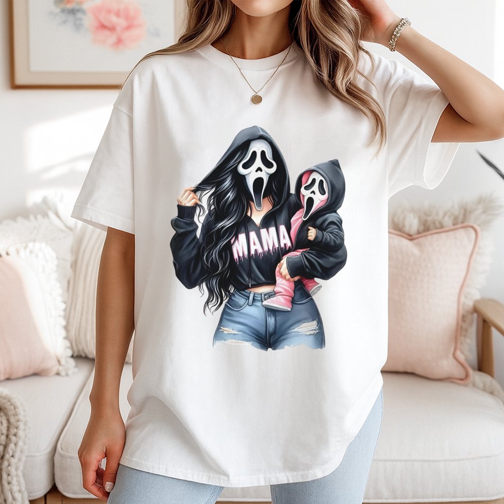Cute Halloween T-Shirt Mom Baby In Ghost Mask With Spooky Mama Print Cozy Fall T-Shirt For Family Matching