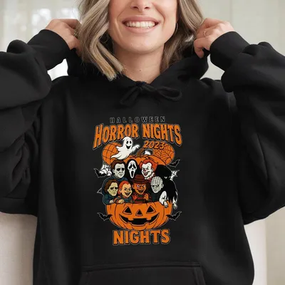 Halloween Horror Nights Hoodie Scary Movie Characters Pumpkin Graphic Spooky Season Unisex Trendy Hallween