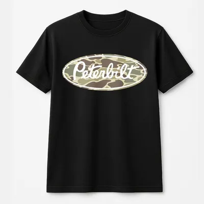 Camo Peterbilt T-Shirt, Classic Retro Truck Graphic T-Shirt, Menswear Top, Unisex Heritage Style T-Shirt, Summer Road Outfit