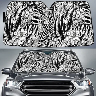 Black And White Chinese Hibiscus Flower And Tropical Leave Car Sun Shades Cover Auto Windshield PrintSyde