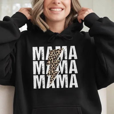 Mama Leopard Lightning Bolt Hoodie, Trendy Graphic Hoodie With Bold Animal Print Thunder Design