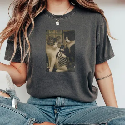 Funny Cat Vintage Washed Crew Neck T-Shirt Regular Fit Casual Comfort Breathable Short Sleeve Funny T-Shirt For Summer Fash