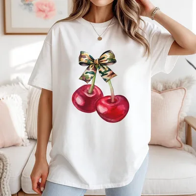 Cherry Camo Coquette Bow T-Shirt Cherry T-Shirt Camo Pattern Bow T-Shirt Full Sizes Full Colors