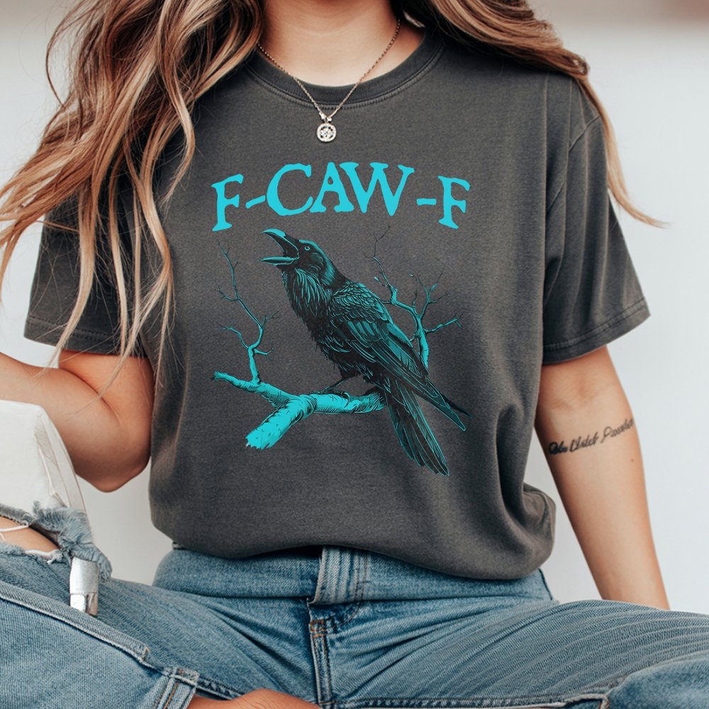 Men S Funny F Caw F Crow Graphic T-Shirt Black With Teal Print Regular Fit Casual T-Shirt