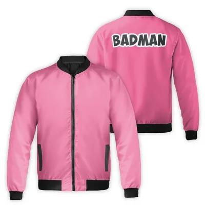 Badman Windproof Bomber Jacket, Solid Pink Streetwear, Bold Quote Back Print, Oversized Urban Style Bomber Jacket