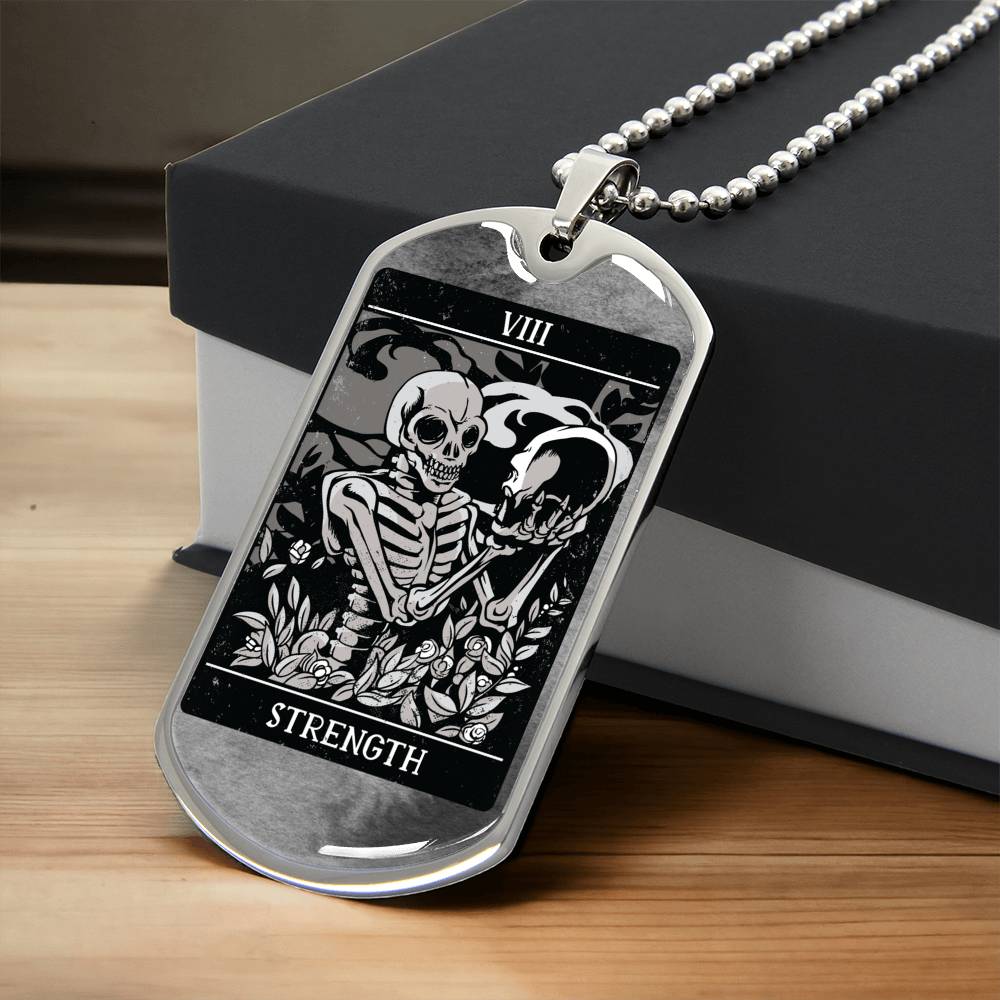 Tarot Card Necklace. Silver Or Gold. For Wiccans, Astrology, Zodiac, Spiritual, Best Friend. Boho. Strength Card - Army Tag Necklace, Dog Tag