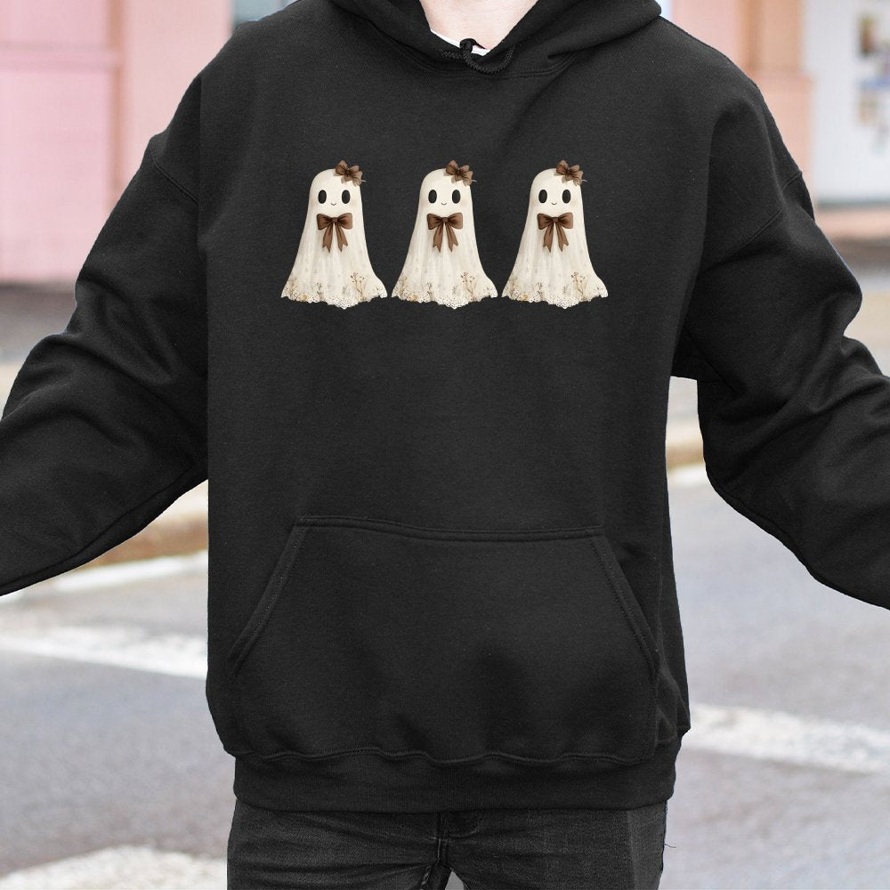 Halloween Ghost Hoodie with Cute Lace Dress and Bow Graphic Vintage Spooky Fall for Women Men Unisex