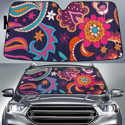Colorful Tone Large Flowers Paisley Texture Navy Theme Car Sun Shades Cover Auto Windshield PrintSyde