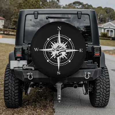 Black White Compass Rose Spare Tire Cover, Camping Hiking Graphic, All Weather Wheel Cover, Universal Accessory Spare Tire Cover