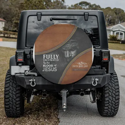 Fully Vaccinated By The Blood Of Jesus Leather Look Christian Tire Cover, Faith Hope Love Religious Design Spare Tire Cover