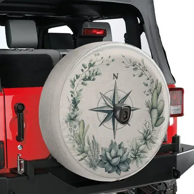 Compass Rose Spare Tire Cover, Desert Succulent Garden Design, Boho Vintage Style, Waterproof Vinyl Wheel Protector Spare Tire Cover
