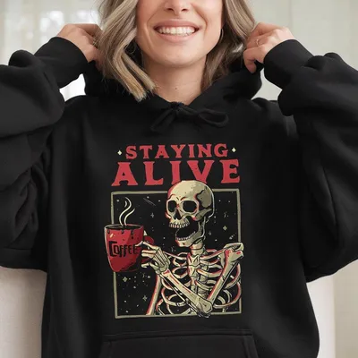 Women'S Skeleton Letter Print Drop Shoulder Hoodie Fashion Casual Half Sleeve Hoodie For Daily Outdoor Wear Ladies Clothes