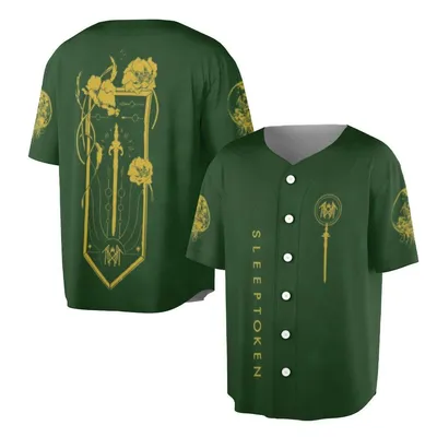 Sleep Token Baseball Jersey, Gold Emblem Design, Dark Green Background, Floral Sword Motif, Band Fanwear Baseball Jersey
