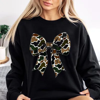 Camo Coquette Bow Sweatshirt Green Casual Unisex Sweatshirt With Camo Bow Round Neck Comfortable Fit For Womens
