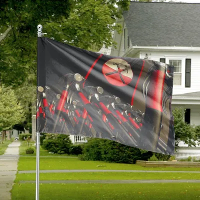 Hammer March House Flag, Stylized Red And Black Tools With Diagonal Emblem, Dramatic Industrial Tribute Banner Horizontal House Flag