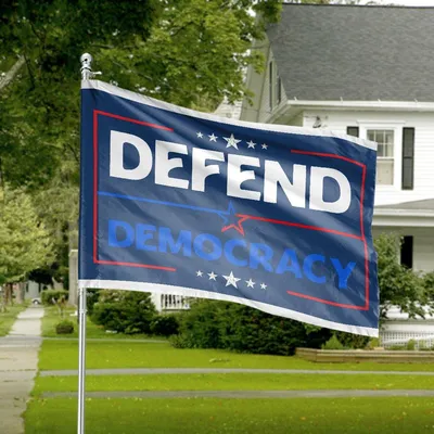Defend Democracy American House Flag, Bold Patriotic Design With Stars And Bipartisan Symbol Horizontal House Flag