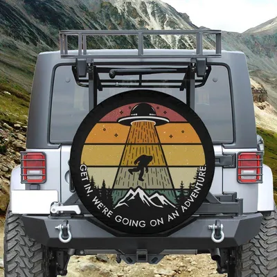 Bigfoot Ufo Adventure Spare Tire Cover, Funny Sasquatch Alien Abduction Design, Retro Mountain Car Accessory Spare Tire Cover
