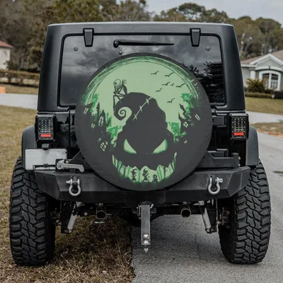 Mysterious Green Monster Spare Tire Cover, Spooky Night Wheel Protector, Haunted Village Waterproof Vinyl, Halloween Decor Spare Tire Cover