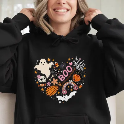 Halloween Heart Graphic Hoodie, Ghost, Pumpkin, Skull & Witch Hat Design, Spooky October Vibes