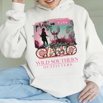 Pretty In Camo Wild Southern Hoodie Pink Camo Hunting Hoodie Simply Printed Graphic Hoodie Daily Casual Cotton Womenswear
