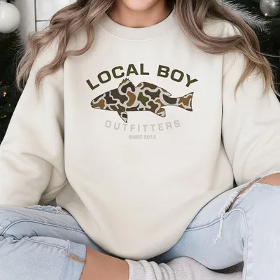 Local Boy Outfitters Camo Fish Sweatshirt Southern Fishing Graphic Sweatshirt For Outdoorsmen, Country Boy Gift, Duck Hunting Inspired Sweatshirt Since 2013