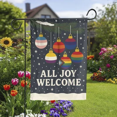 All Joy Welcome Garden Flag, Christmas Pride Yard Flag, Holiday Outdoor Decor, Inclusive Ornament Flag, Winter Seasonal Decoration Vertical Garden Flag