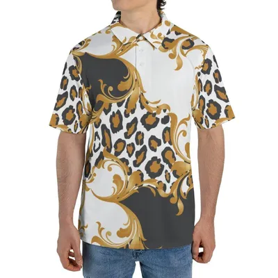 Baroque Leopard Polo, Gold Scrollwork Pattern, Men'S Luxury Black & White Polo Shirt, Animal Print Designer Style