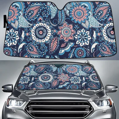 Blue Tone Hawaiian Hibiscus Flower Vintage Tribal Pattern Car Sun Shades Cover Auto Windshield PrintSyde