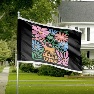 Foxtrot Delta Tango Horizontal House Flag , Retro Groovy Floral Hippie Peace Colorful Outdoor Decorative Banner Horizontal House Flag