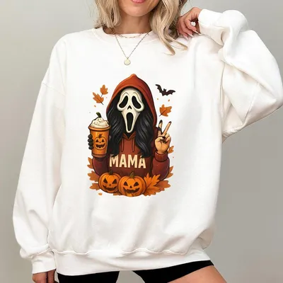 Spooky Mama Halloween Sweatshirt Ghost Face Coffee Pumpkins Graphic Cozy Fall For Moms Tiktok Viral Streetwear