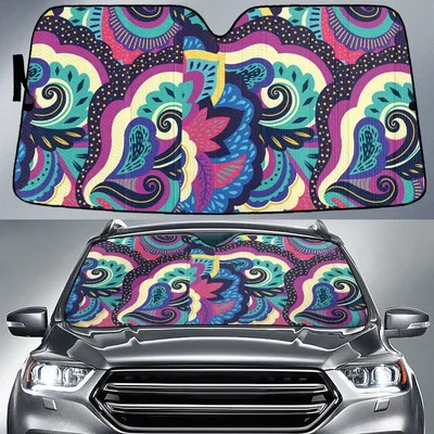 Chromatic Mirrored Flowers Paisley Texture Dot Theme Car Sun Shades Cover Auto Windshield PrintSyde