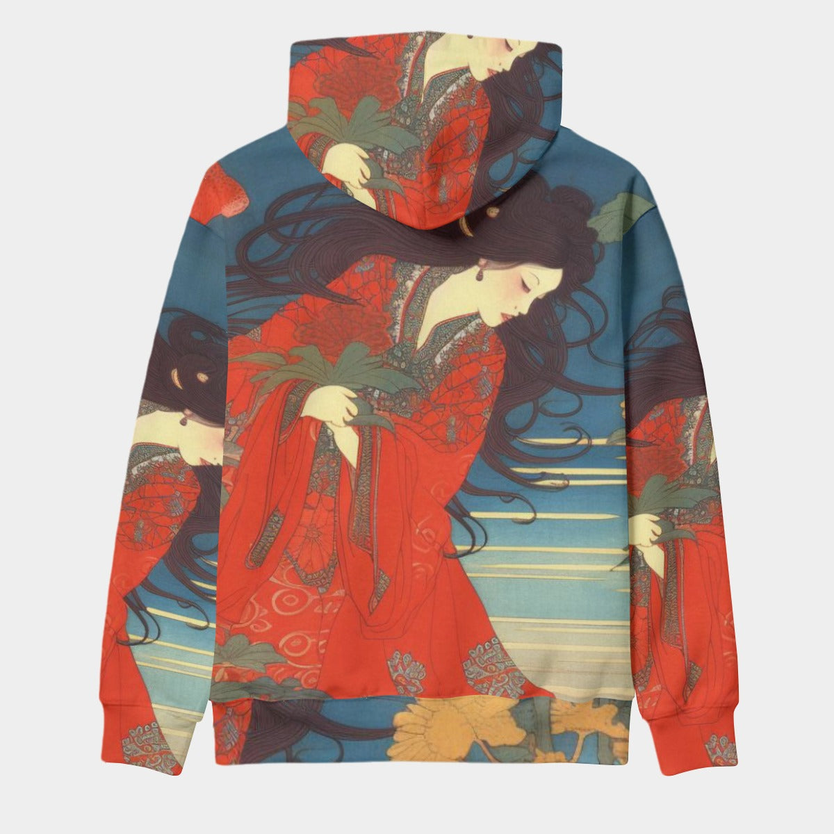 Japanese Woman in Red Kimono Blue Background Unisex Pullover Hoodie