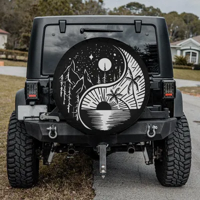 Yin Yang Nature Spare Tire Cover, Mountain Forest Beach Sunset Art, Zen Balance Universal Fit, Waterproof Vehicle Accessory Spare Tire Cover
