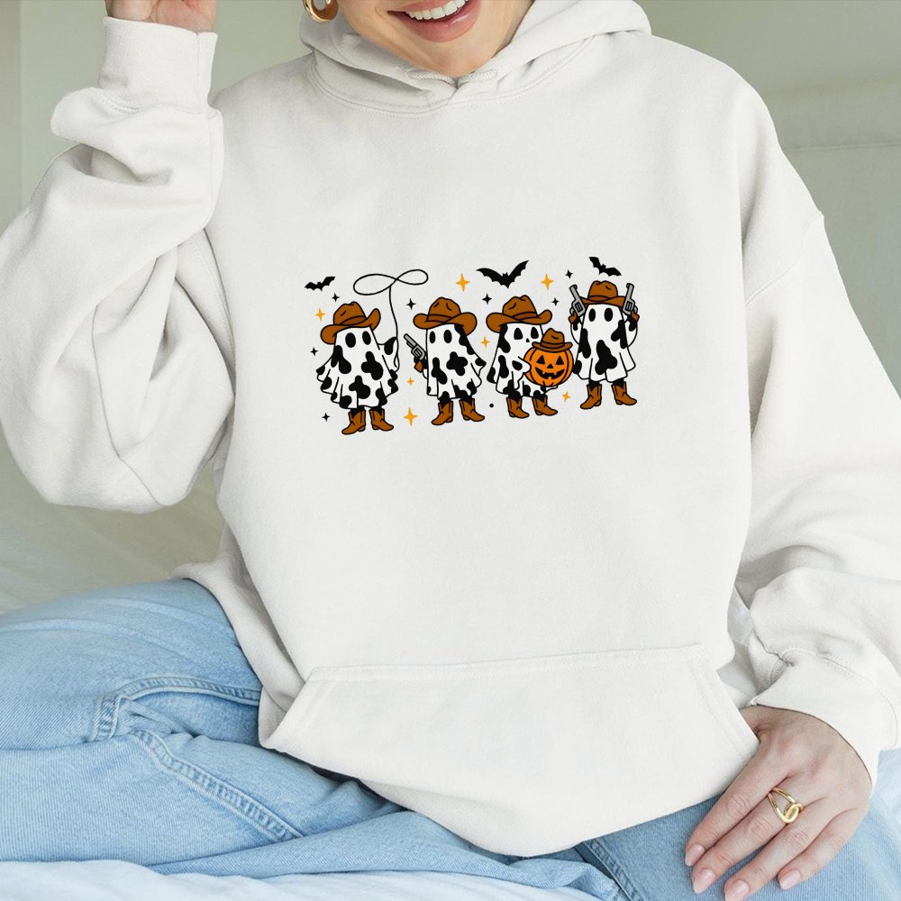 Funny Ghost Cowboy Hoodie Western Halloween Outfits Spooky Fall Hoodie Country Girl Gift Halloween Leopar