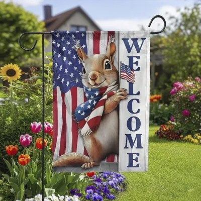Patriotic Squirrel Welcome Flag, 4th Of July Garden Flag, Cute American Animal House Decor Vertical Garden Flag