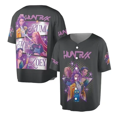 Huntrx Baseball Jersey, Rumi Mira Zoey Virtual Pop Group Baseball Jersey, K-Pop Anime Style Merch, Purple & Black Fan Gear