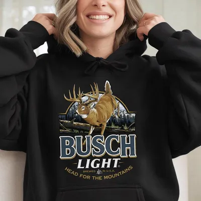 Busch Light Deer Label Graphic Hoodie, Vintage Beer For Hunting & Outdoors, Thermal Menswear Aesthetic