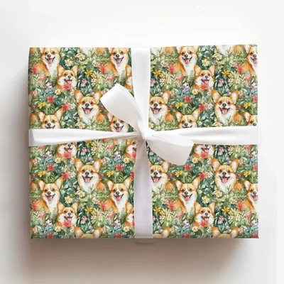Garden with the Corgi - Gift Wrap for Christmas, Holidays Wrapping Paper, Christmas Wrapping Paper