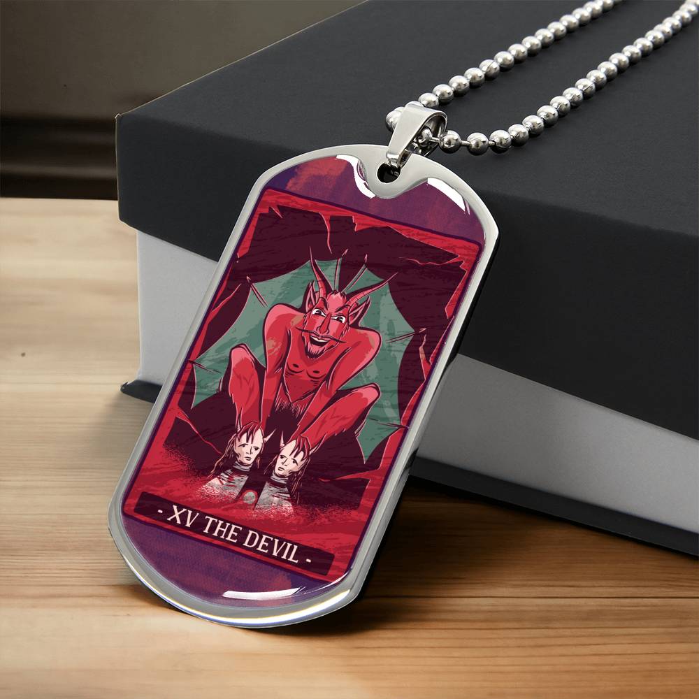 Tarot Card Necklace. Silver Or Gold. For Wiccans, Astrology, Zodiac, Spiritual, Best Friend. Boho. The Devil Card - Army Tag Necklace, Dog Tag