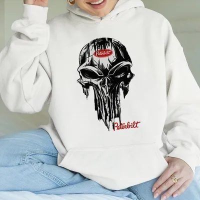 Peterbilt Distressed Skull Hoodie Soft Ring Spun Cotton Unique Grim Graphic Prints For Trucking Enthusiasts Rebel Style