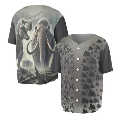 Baseball Jersey, T-Rex Mammoth Dinosaur Extinction Graphic Baseball Jersey, Prehistoric Animal Fight Baseball Jersey