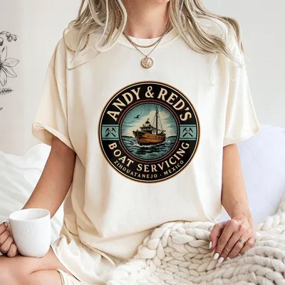 Andy & Red’S Boat Servicing T-Shirt, Shawshank Redemption Inspired T-Shirt, Vintage Zihuatanejo Mexico Graphic T-Shirt, Casual Menswear Top For Movie Fans