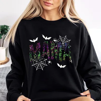 Halloween Mama Sweatshirt, Spooky Neon Letter Graphic, Bats & Spiderwebs, Cozy Fall Mom Top, Family Outfit