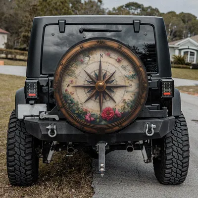 Vintage Wooden Compass Spare Tire Cover, Antique Floral Design Wheel Cover, Classic Adventure Style Gift For Off-Road And Travel Lovers Spare Tire Cover