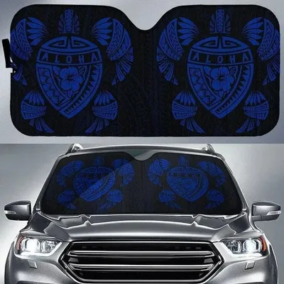 Tropical Blue Hawaii Map Turtle Ohana Hibiscus Kakau Polynesian Printed Car Sun Shade Cover Auto Windshields PrintSyde