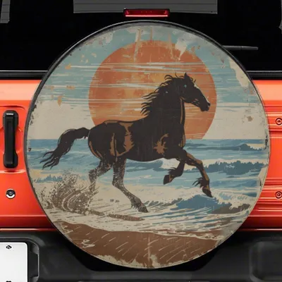 Wild Horse Beach Spare Tire Cover, Running Stallion Sunset Design, Rustic Western Art Style, Freedom Spirit Theme, Backup Camera Compatible Spare Tire Cover